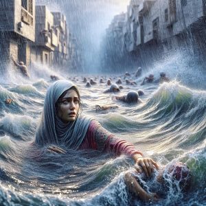 Woman trapped in flood.