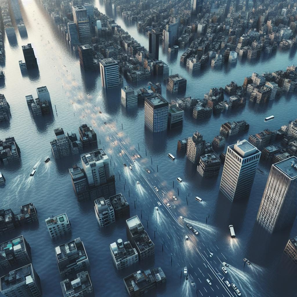 Flooded city streets aerial.