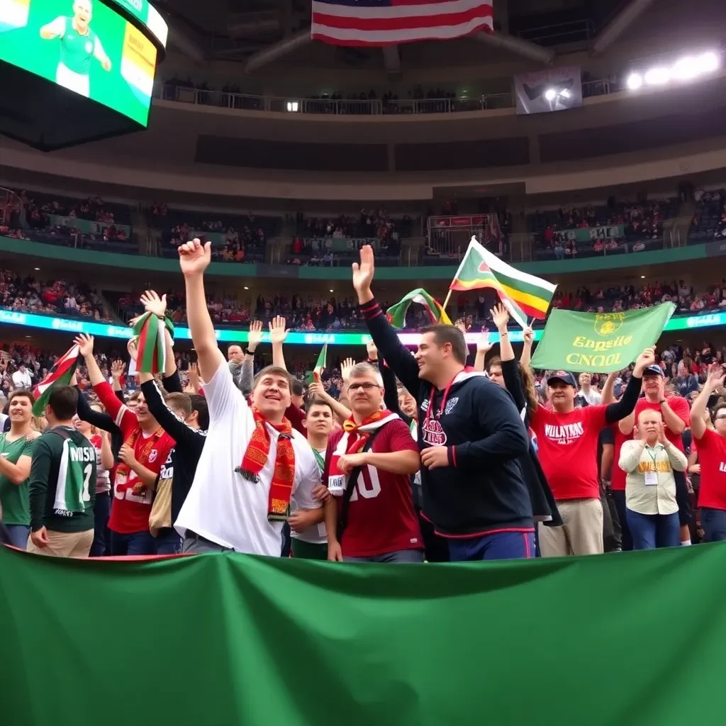 Celebration in a sports arena with team colors and banners.