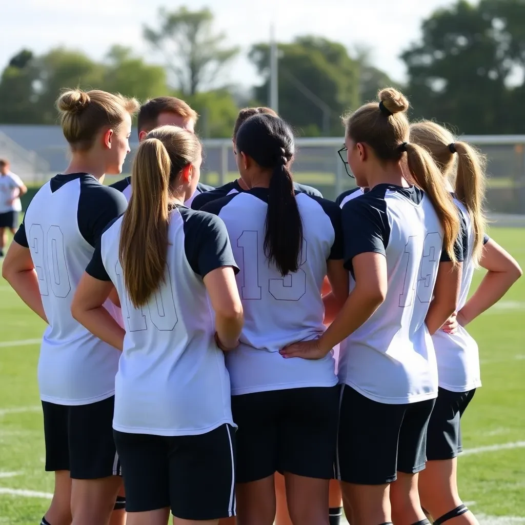 Athletic team in huddle, discussing health strategies.