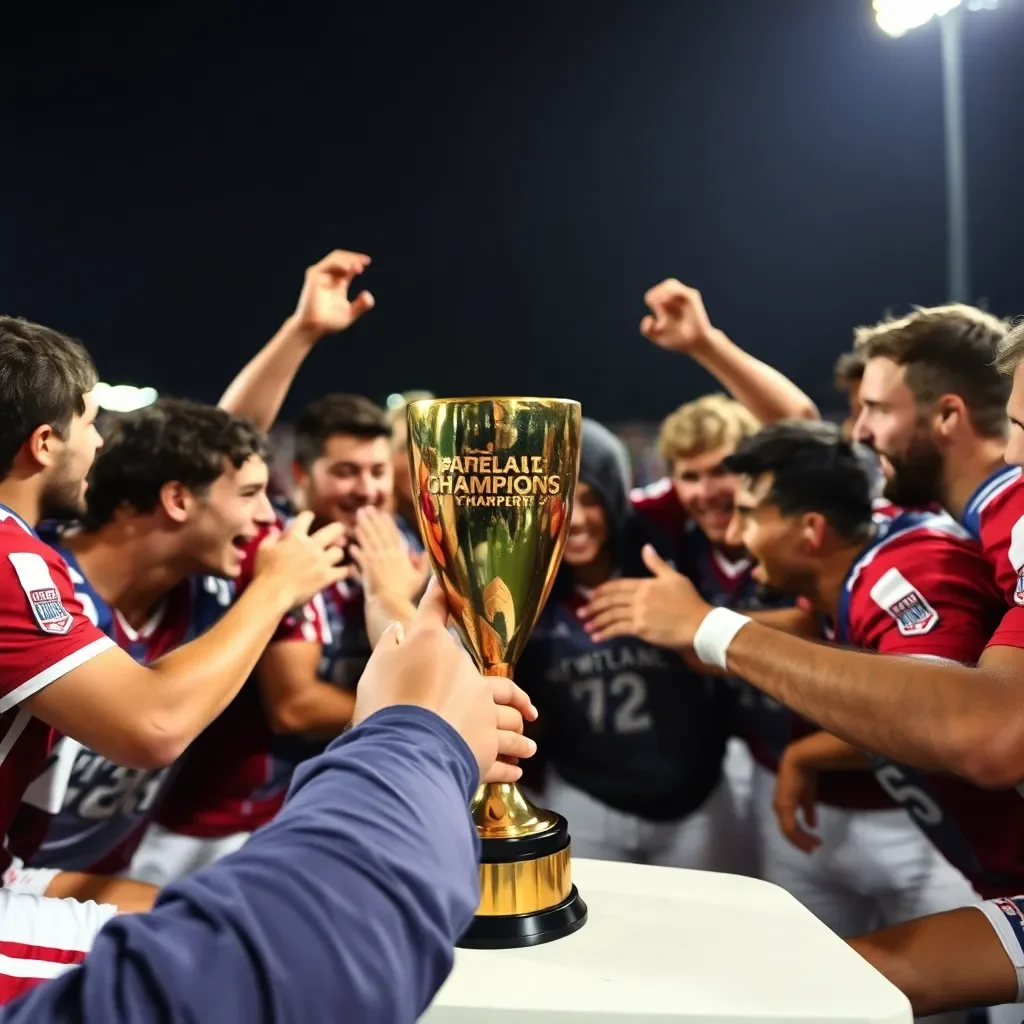 Celebratory team huddle with championship trophy in focus.