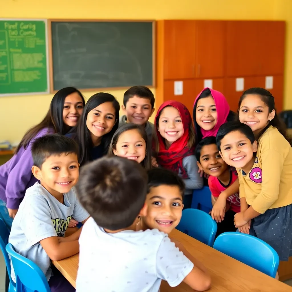 Students happily gathering in a vibrant classroom setting.