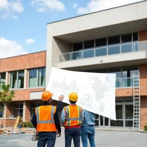 Modern school building with construction workers and blueprints.