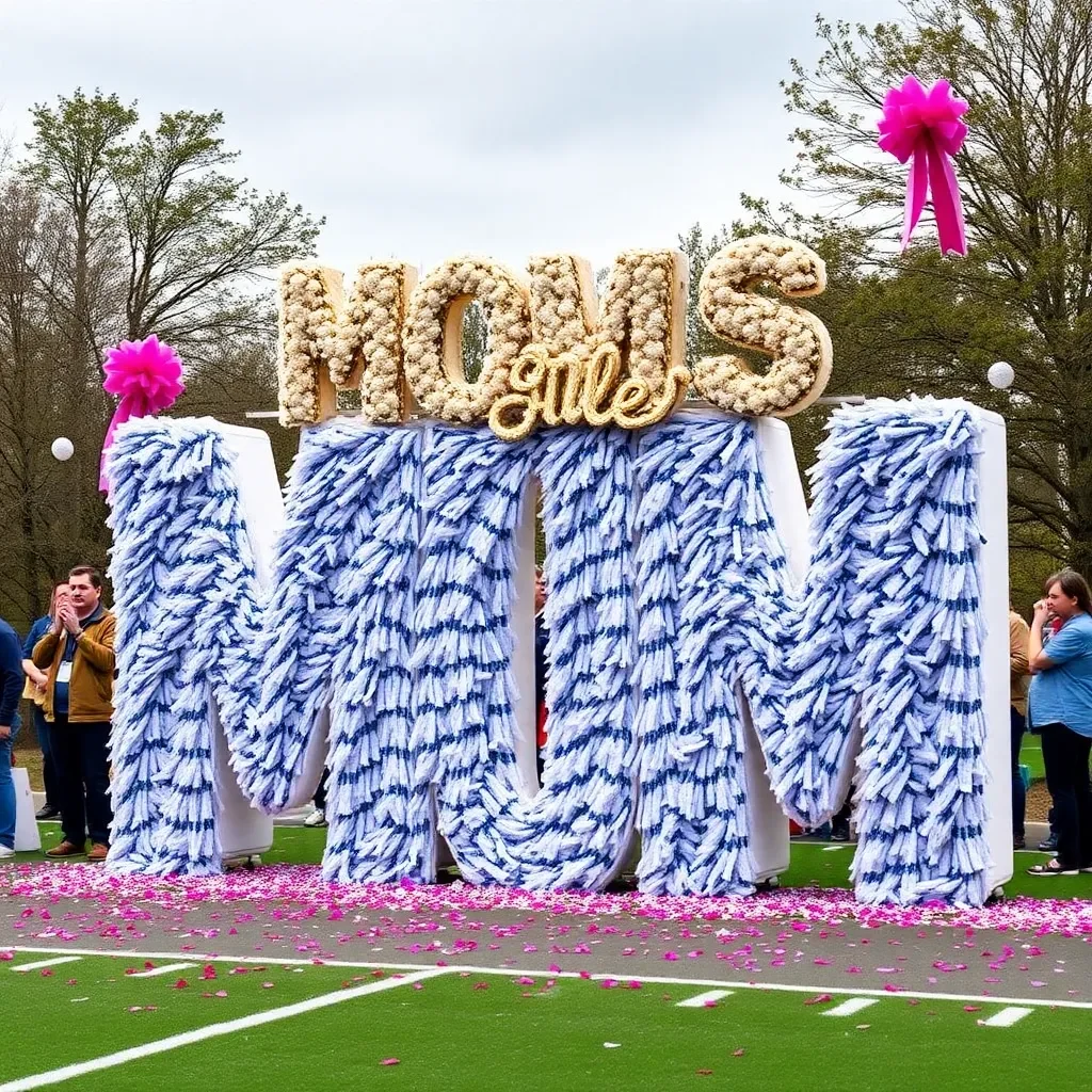 Massive homecoming mum displayed at festive college celebration.