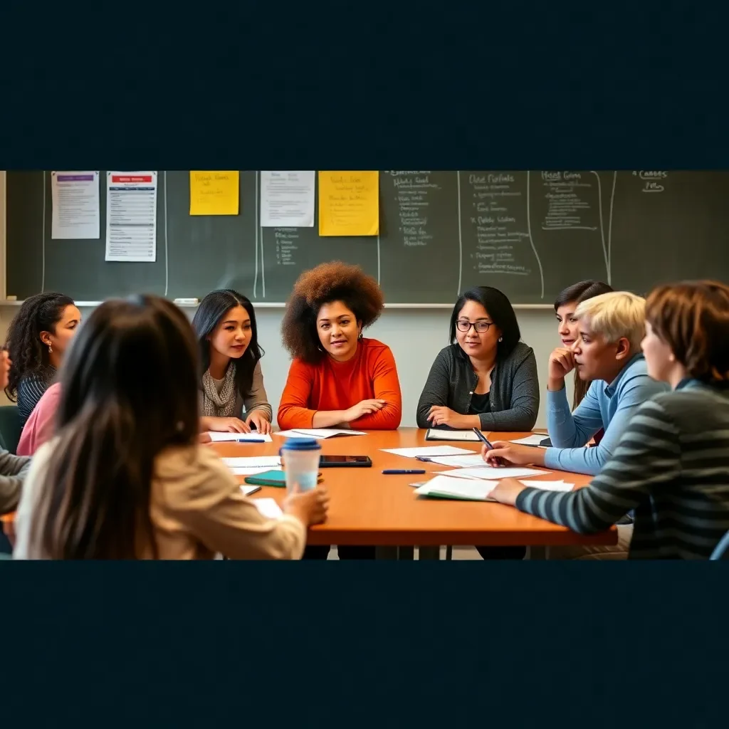 A diverse classroom discussing school funding options collaboratively.