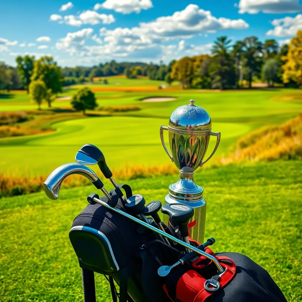 Vibrant golf course landscape with trophy and equipment.