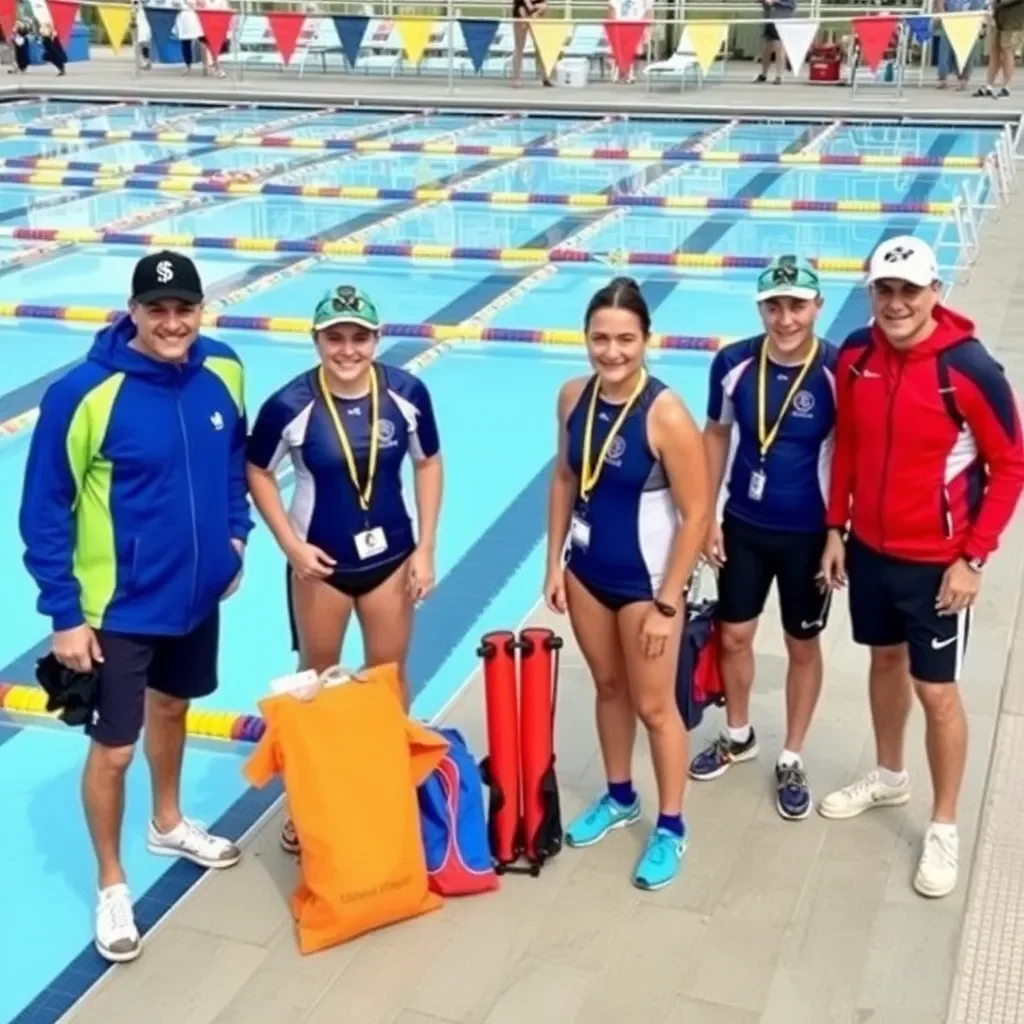 Team gear and swimming equipment ready by the poolside.