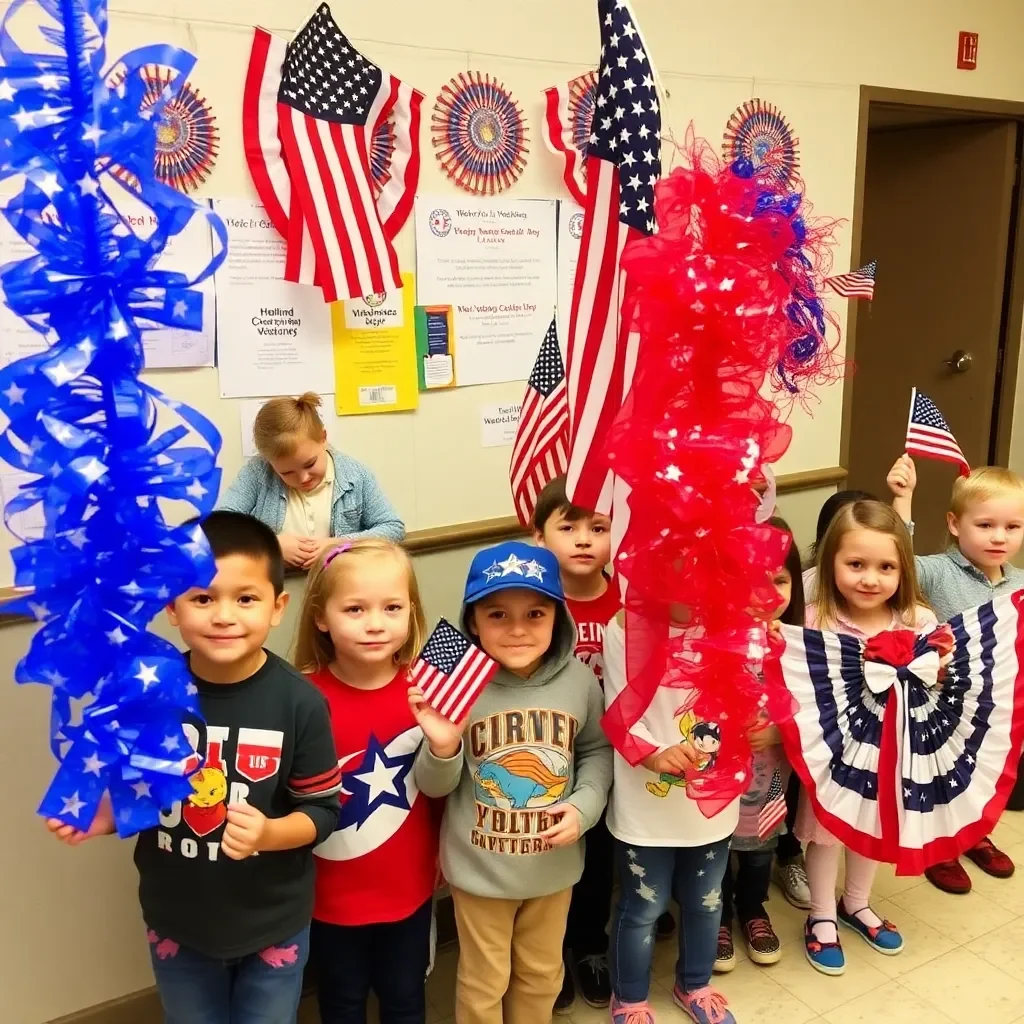 Patriotic decorations with schoolchildren celebrating Veterans Day.