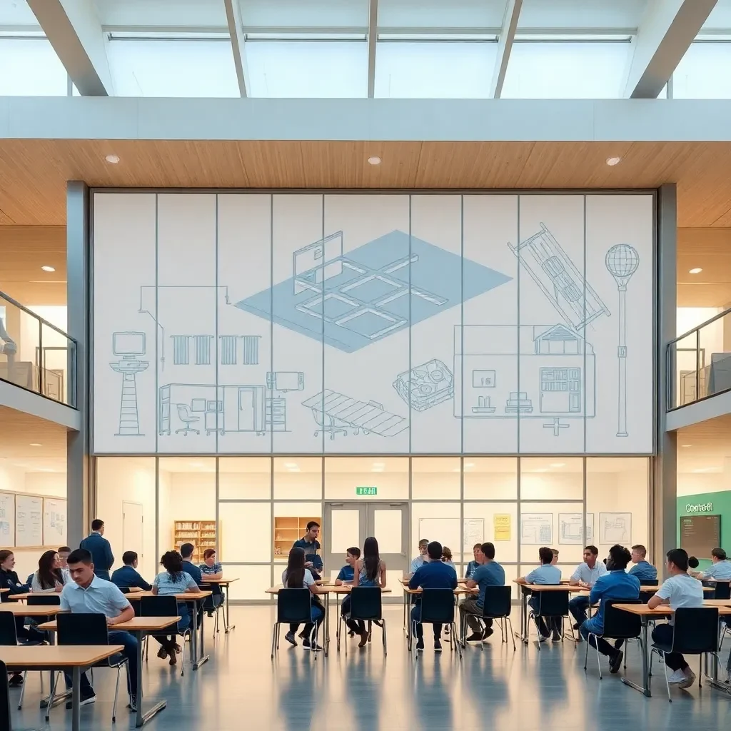 Modern school building blueprint with students in classroom setting.