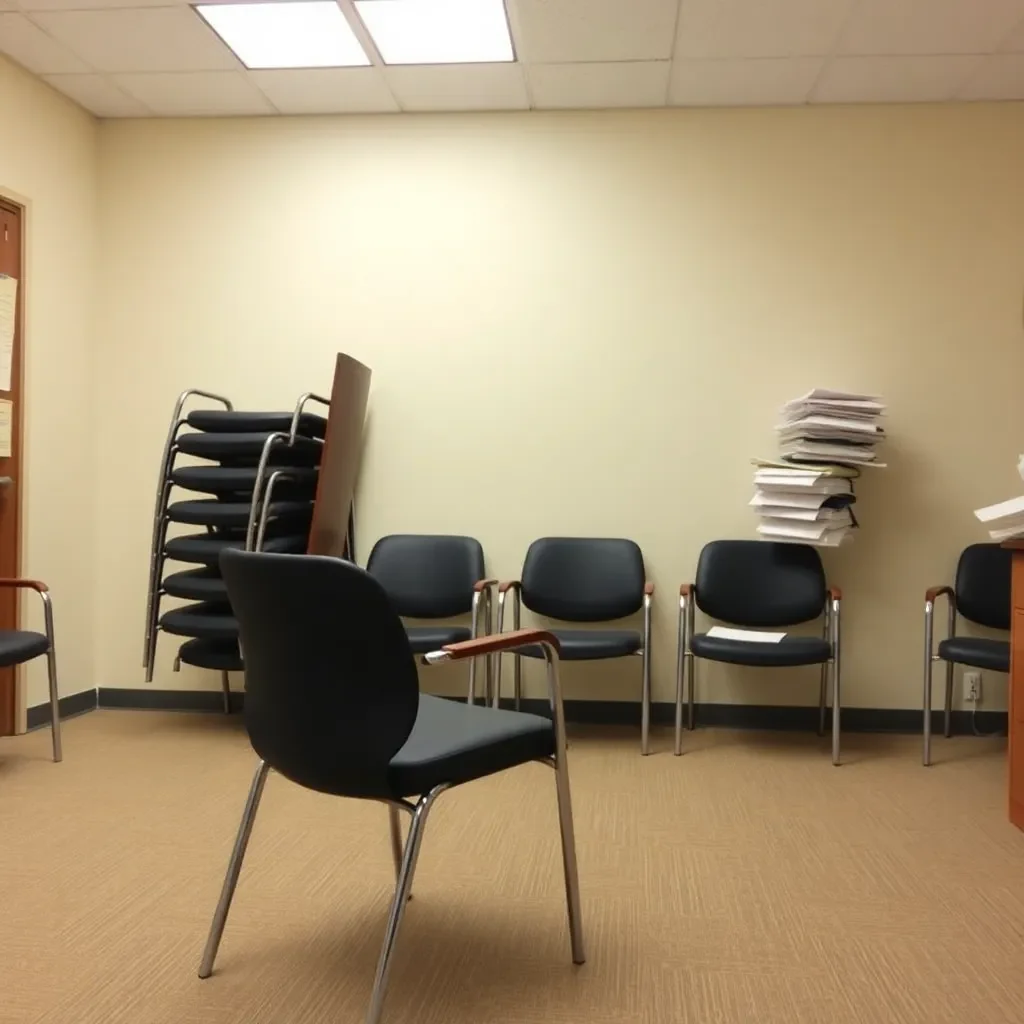 Empty counseling office with stacked chairs and papers.