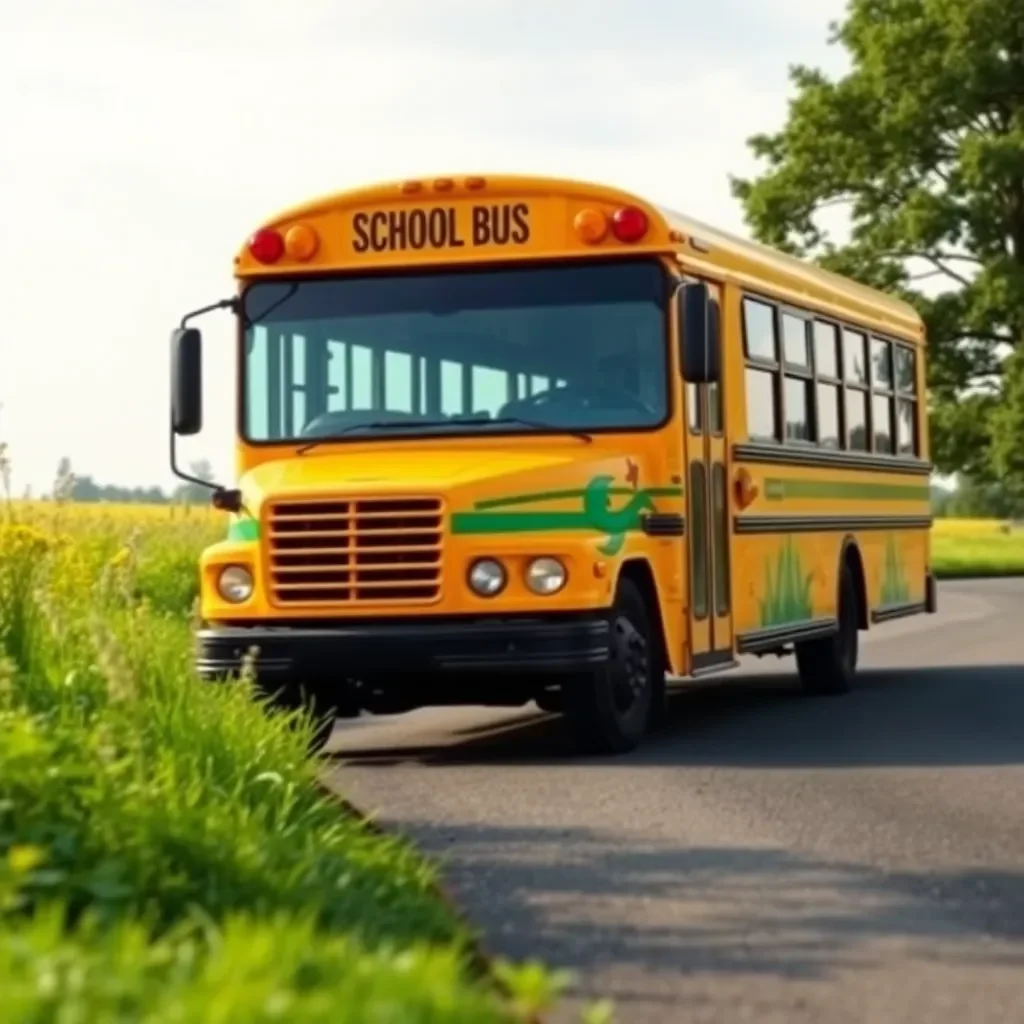 Eco-friendly school bus driving through green landscape.