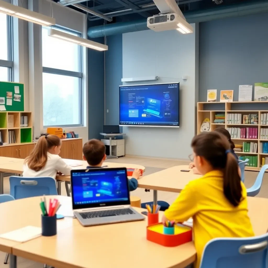 Classroom with modern technology and diverse learning materials.