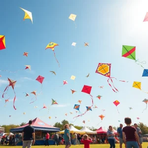 Families enjoying the ABC Kite Fest with colorful kites in the sky.