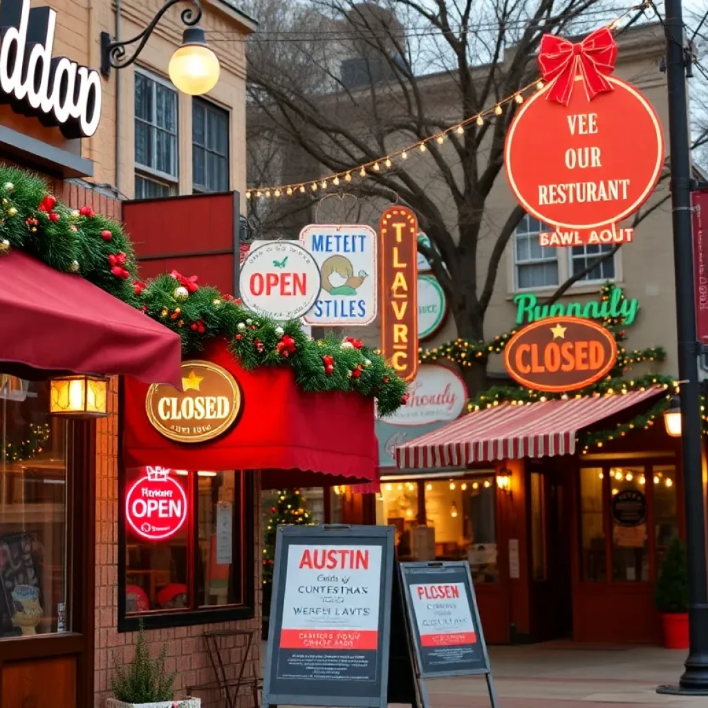 Christmas Day scene in Austin with open and closed restaurant signs.