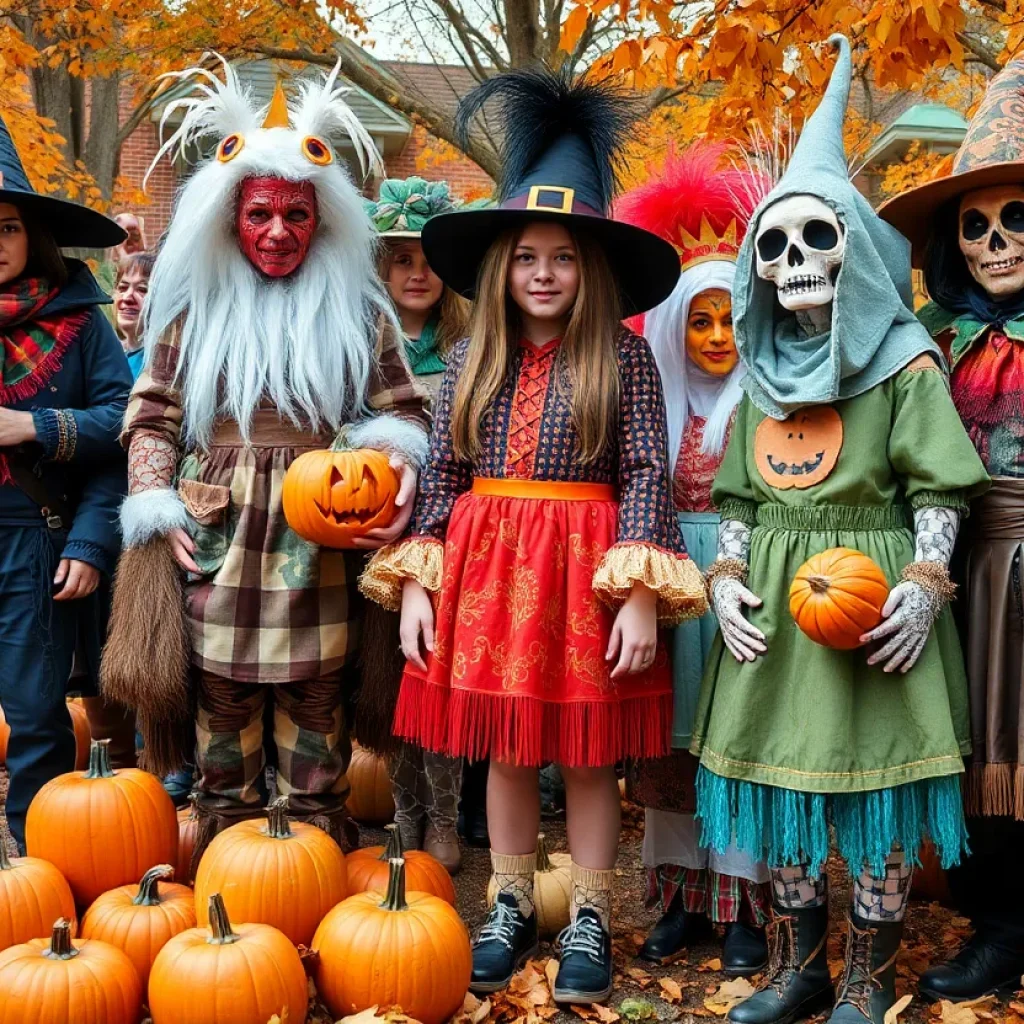 People wearing unique eco-friendly costumes in a Halloween setting in Austin