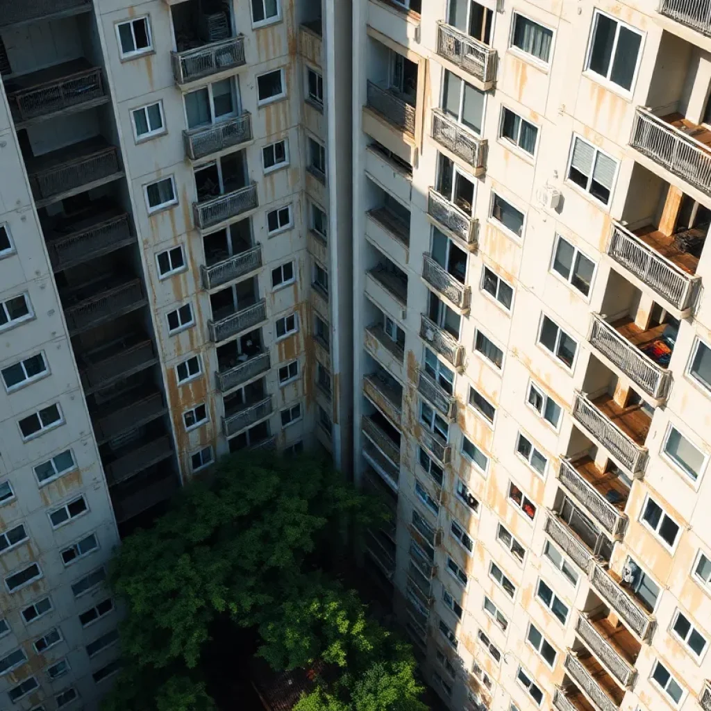 Aerial view of an apartment complex showing signs of water damage and mold growth.