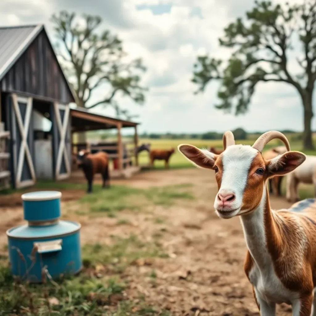 A peaceful rural setting with a barn and show goats in Cedar Park, Texas.