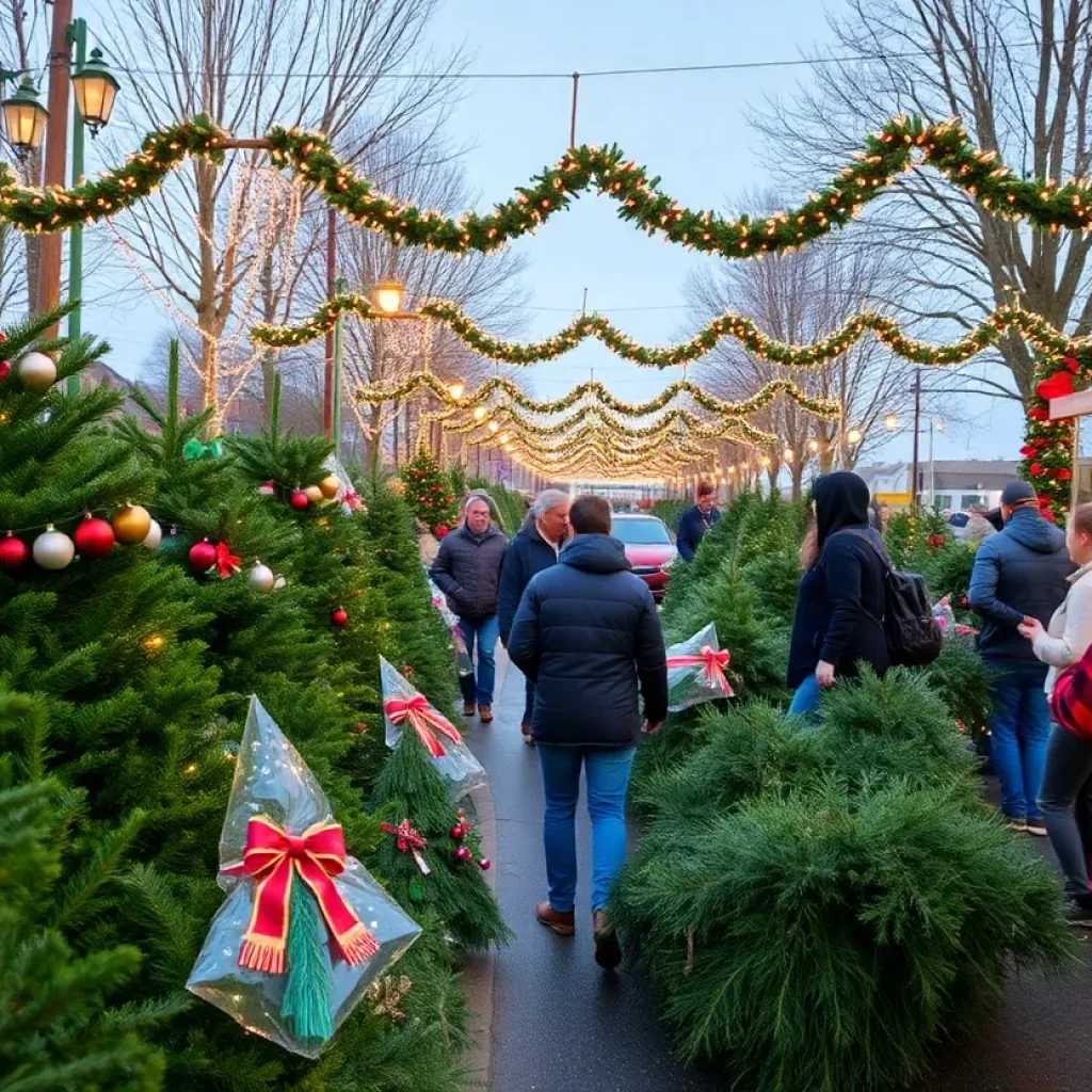 Community members recycling Christmas trees at a local event