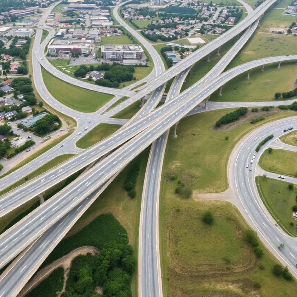 Aerial view of Georgetown's new highway bypass amidst residential areas