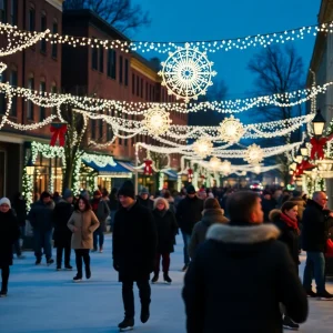 People enjoying holiday festivities in Georgetown with decorations and ice skating.