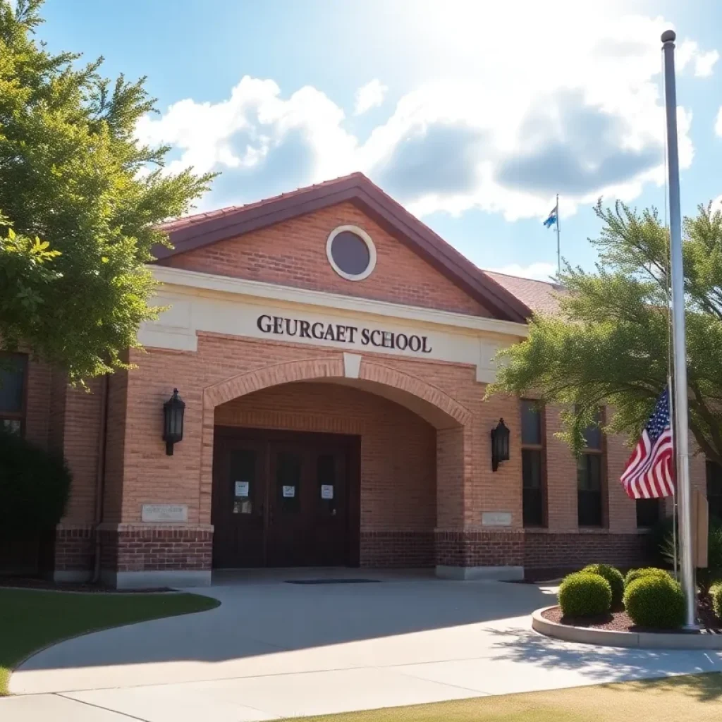 A school building in Georgetown, Texas, under a clear blue sky.