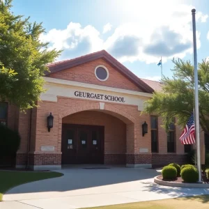 A school building in Georgetown, Texas, under a clear blue sky.