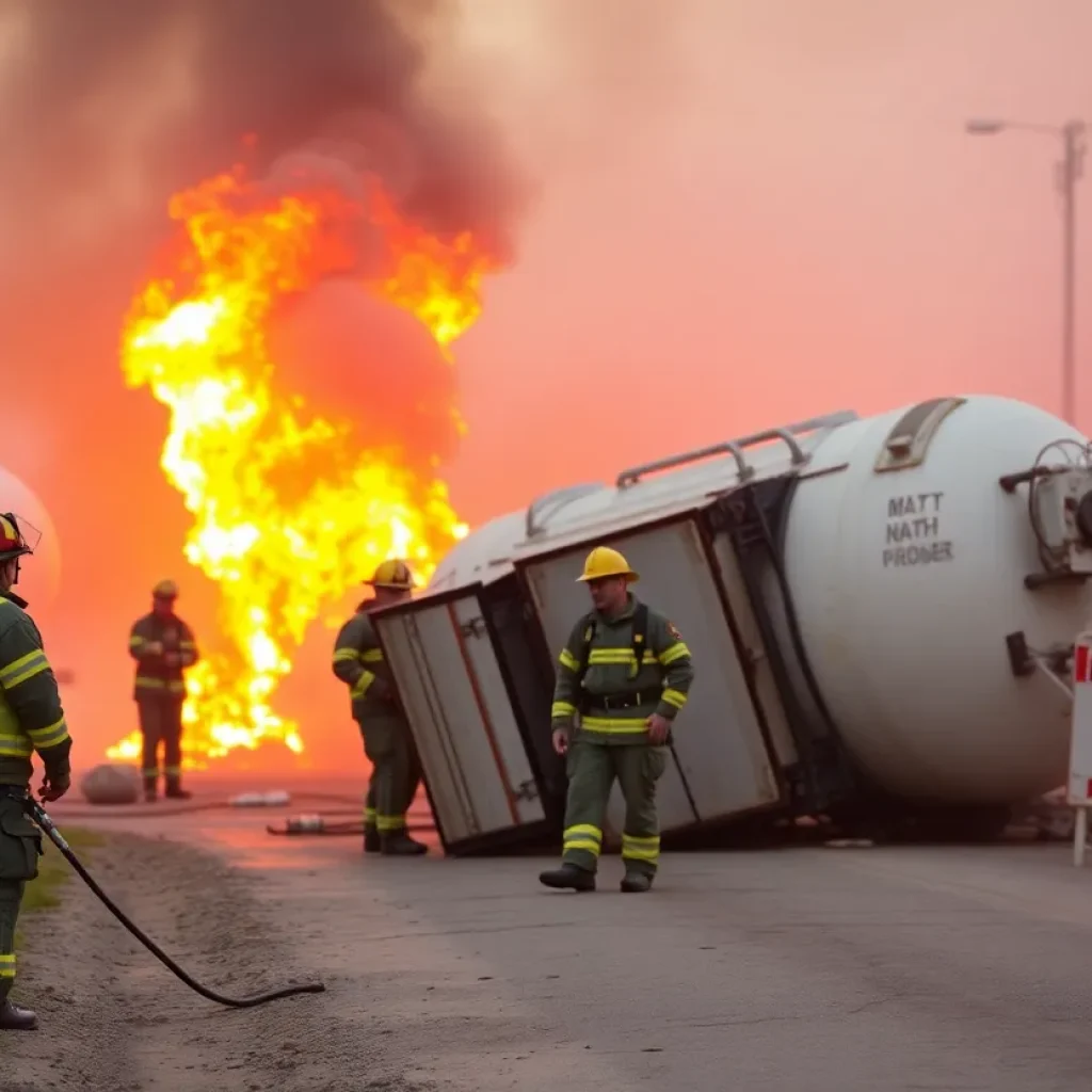 Emergency responders managing a tanker rollover with flames and hazmat equipment in Granite Shoals.