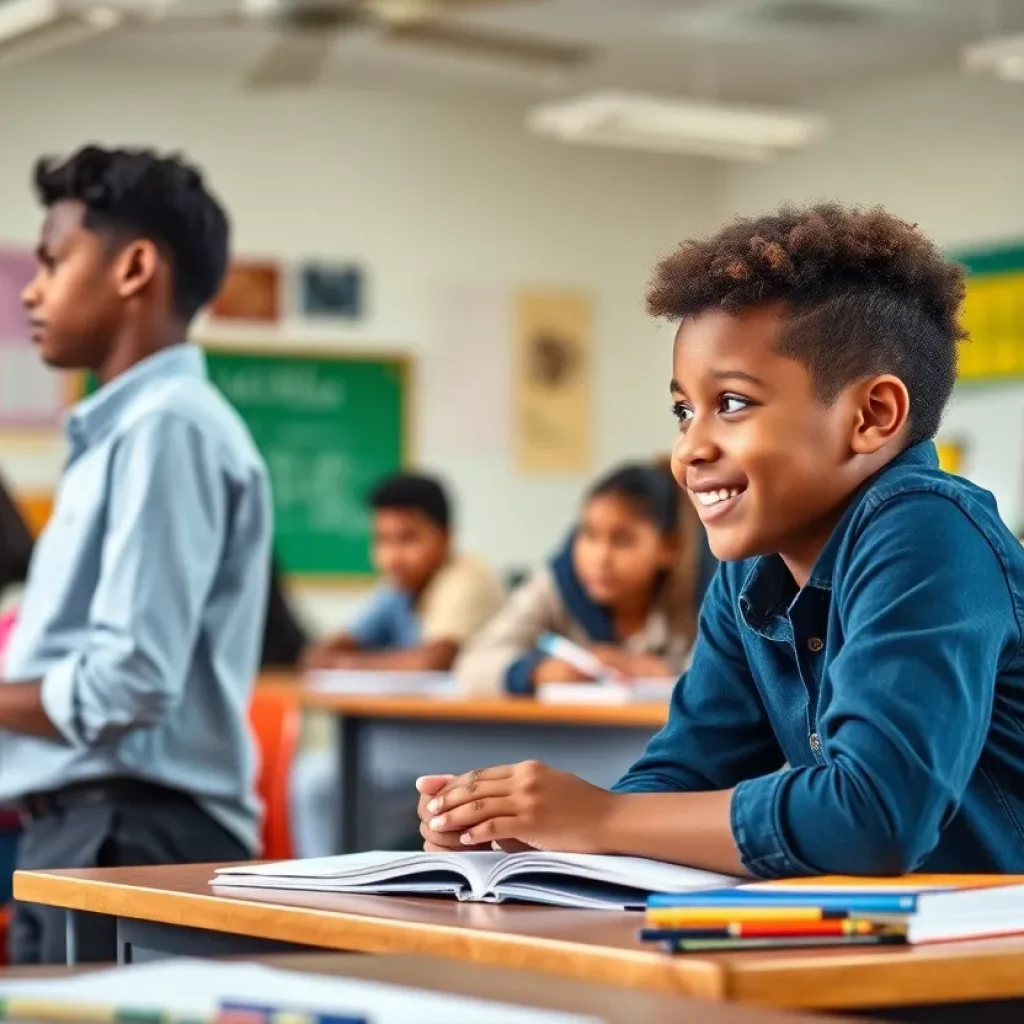 A classroom filled with diverse students participating in learning activities.