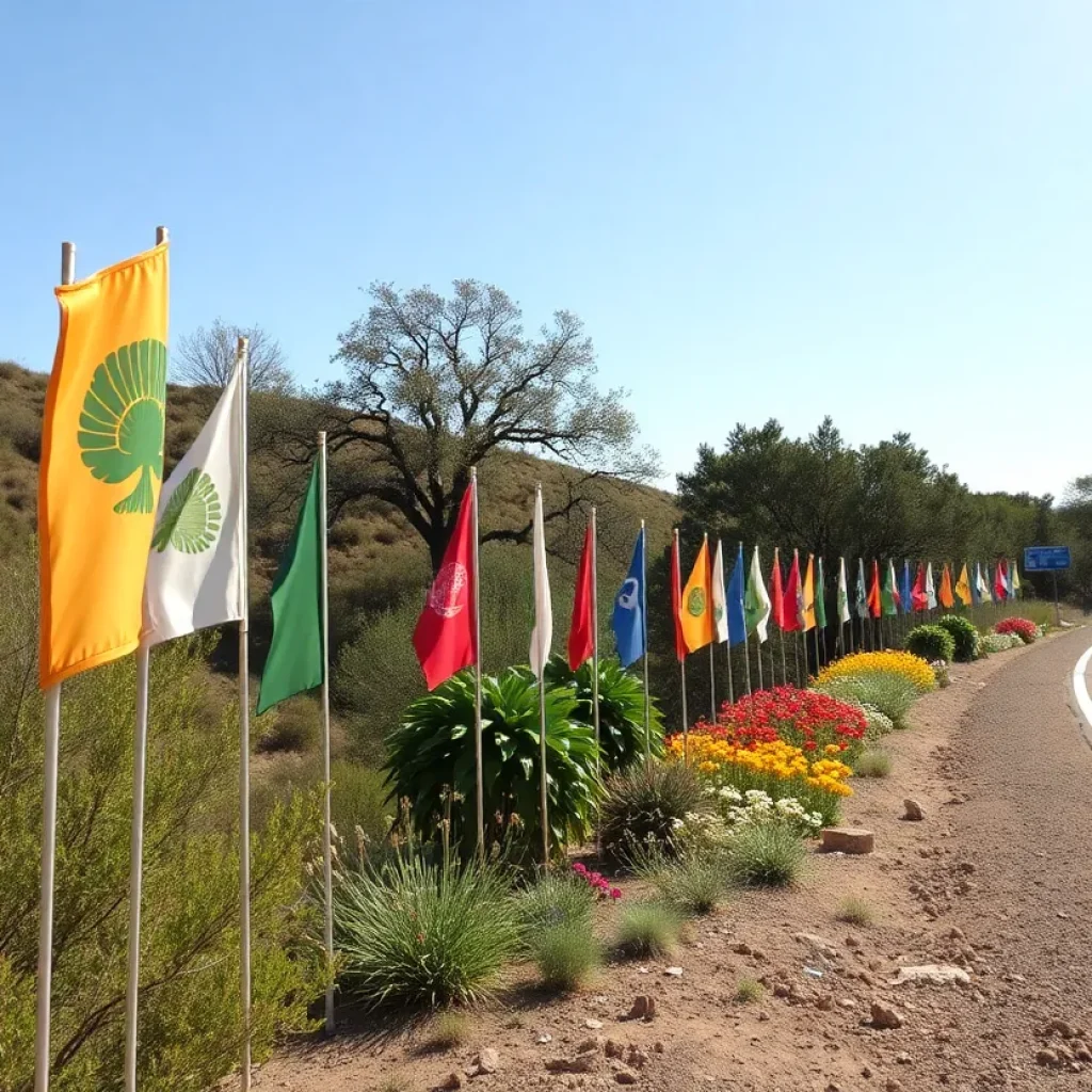 Colorful flags marking native plant species along MoPac Highway in Austin