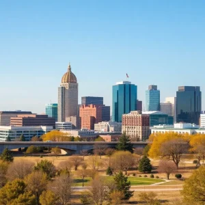 Skyline of Round Rock, Texas with blue skies and modern buildings.