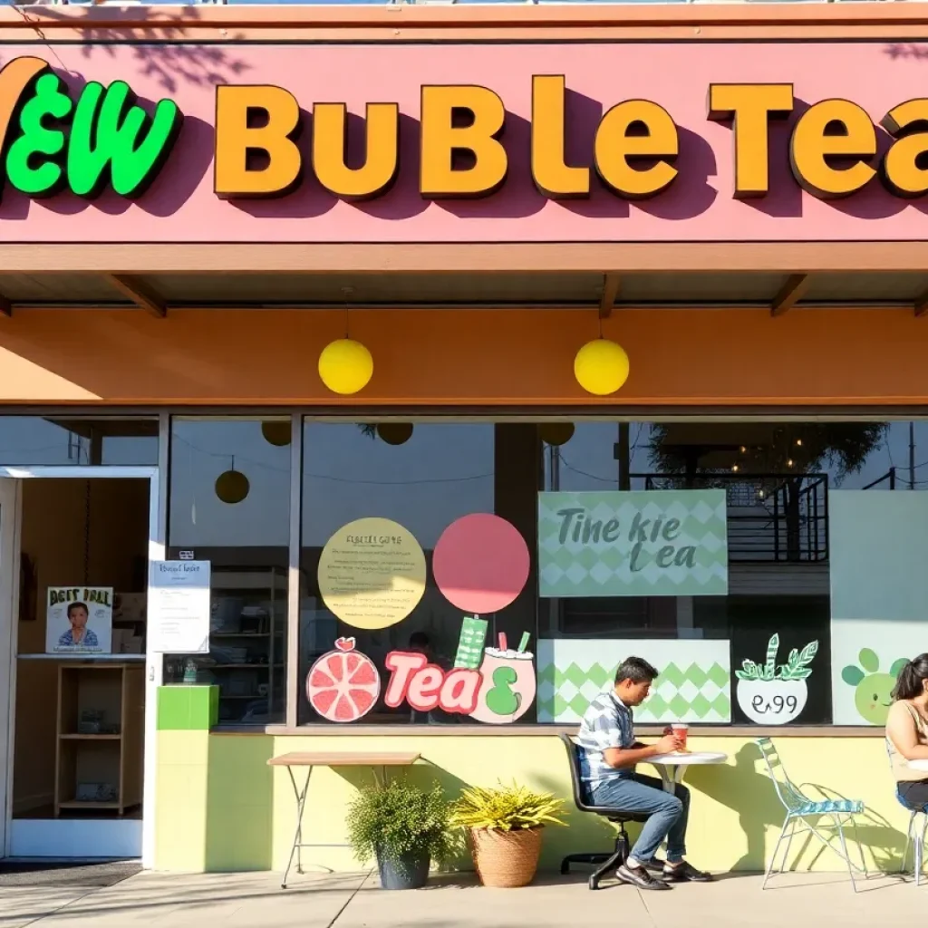 Exterior view of Teapioca Lounge in Cedar Park with customers enjoying bubble tea.