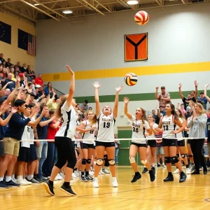 High school volleyball players in action during a match