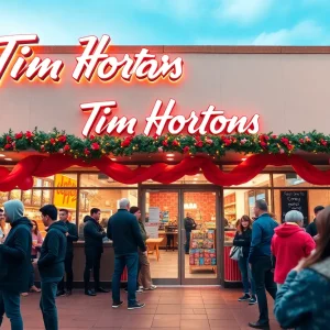 Exterior view of Tim Hortons during the grand opening in Round Rock with a cheerful crowd.