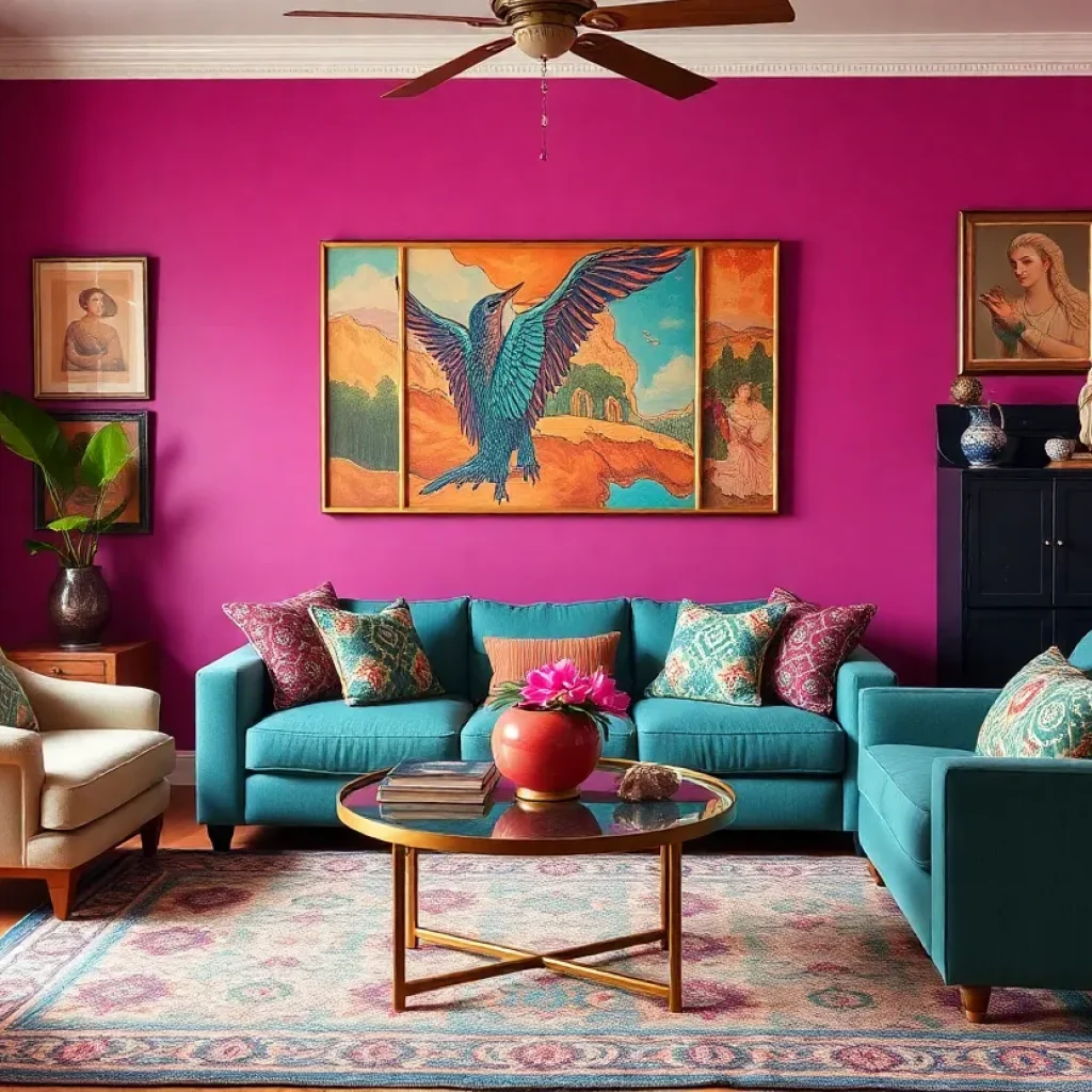 Stylishly decorated living room showcasing vibrant colors and art.