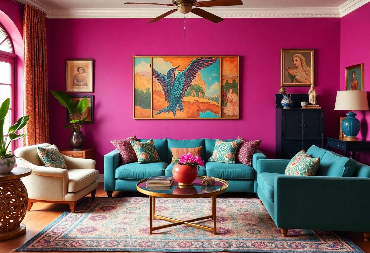 Stylishly decorated living room showcasing vibrant colors and art.