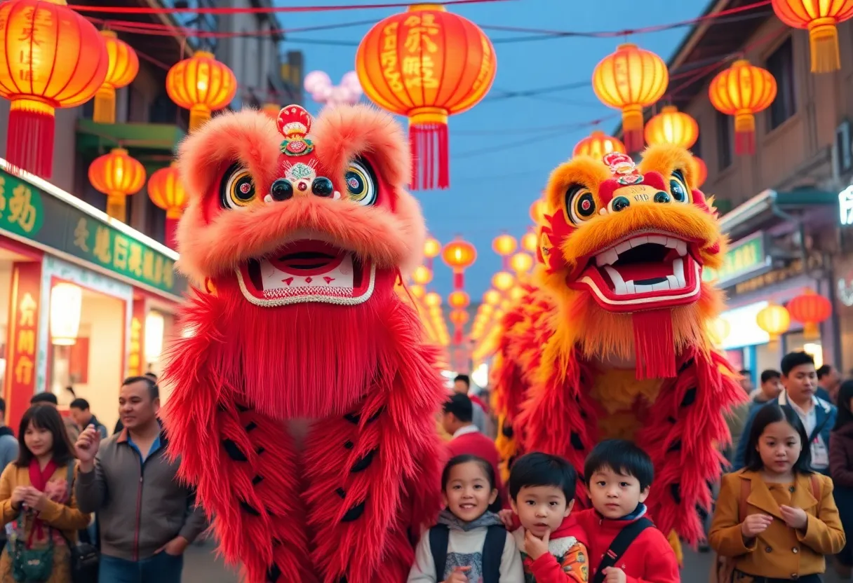 Crowd enjoying the Lunar New Year celebration in Austin with lion dance performers.