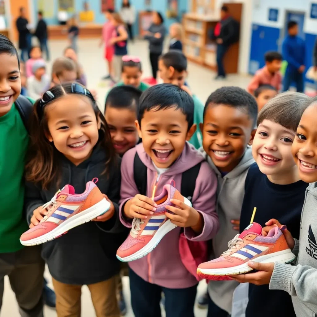 Students at Northeast Early College High School receiving donated athletic footwear