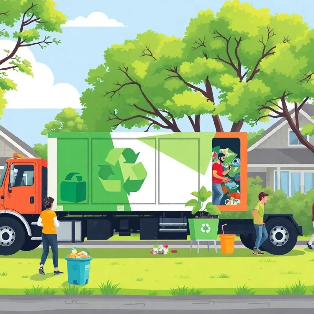 Illustration of a recycling truck in Austin collecting waste