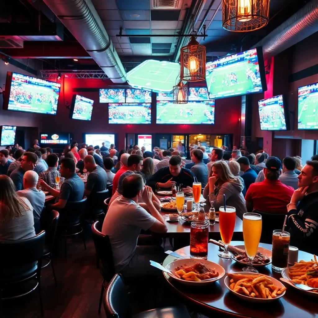 A lively sports bar with fans watching the game