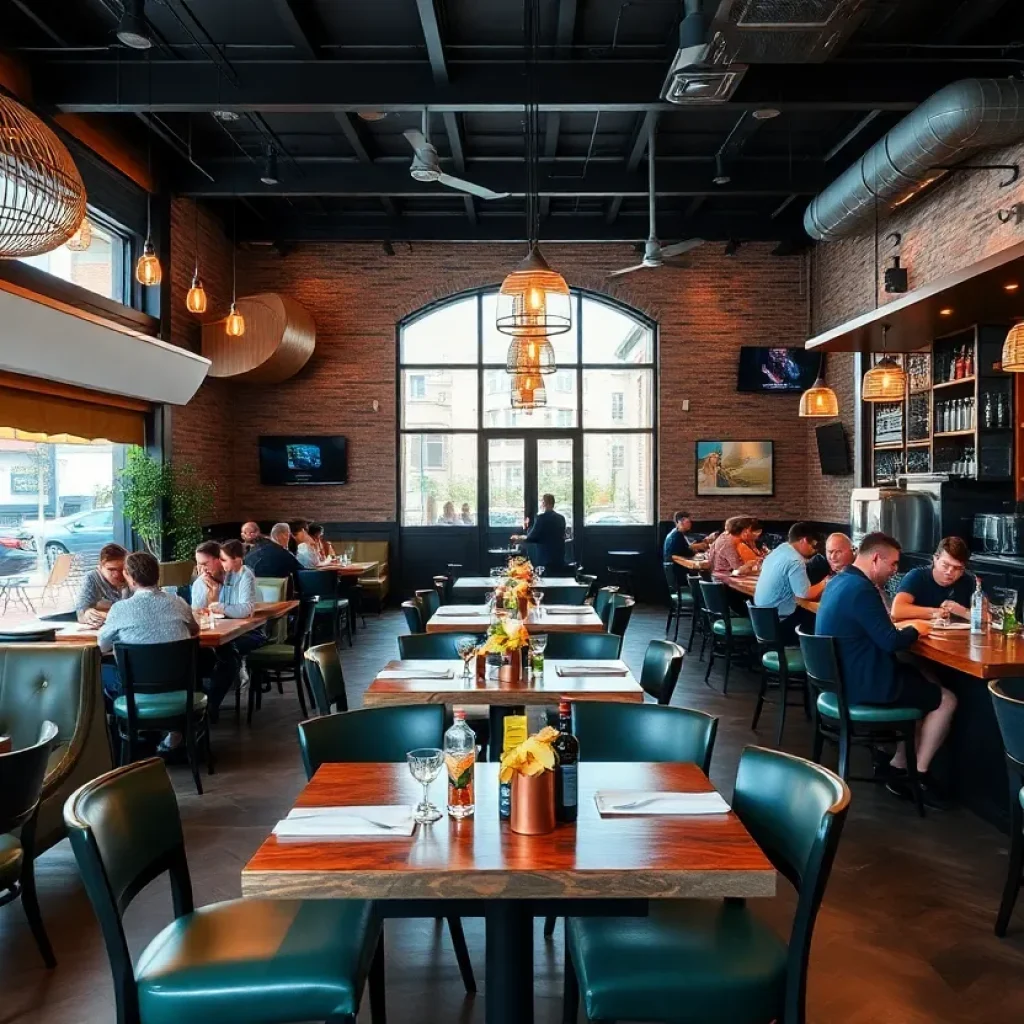 Interior view of Black Gold Barbecue showcasing stylish decor and patrons enjoying their meal