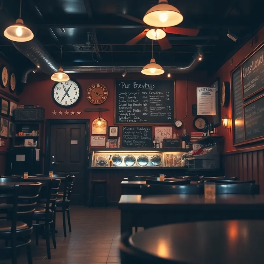 Interior view of Black Star Co-op Pub and Brewery showcasing a welcoming atmosphere with empty tables.