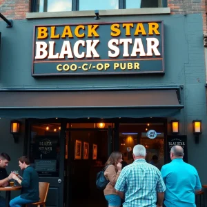 Exterior of Black Star Co-op Pub with patrons outside