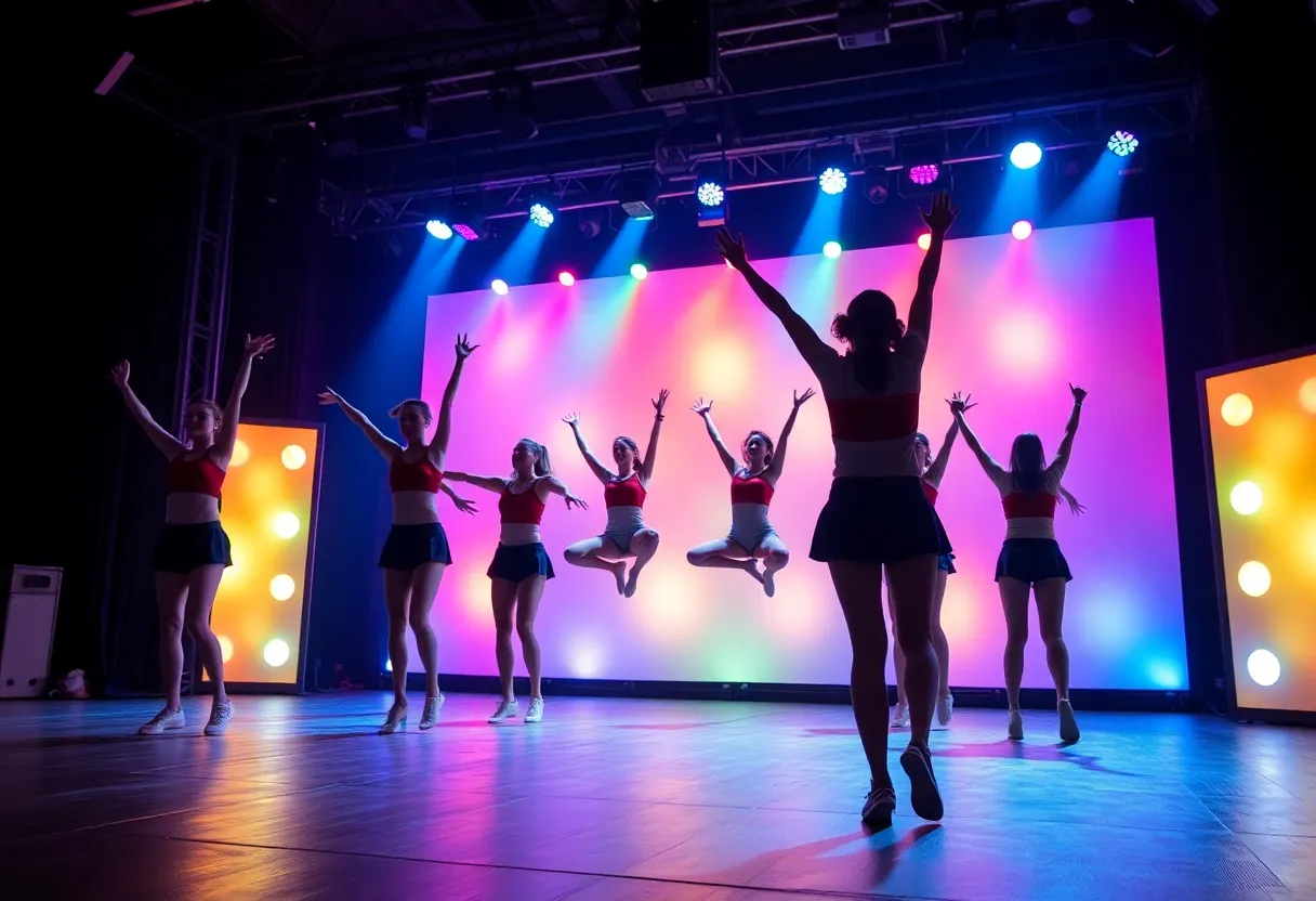 Theater performers rehearsing for Bring It On: The Musical