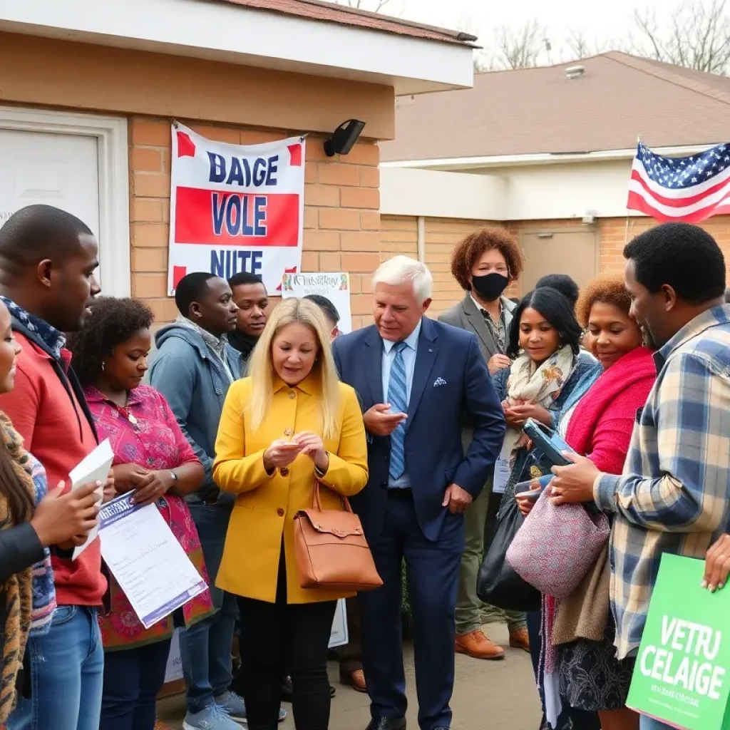 Community members engaging in an election setting with campaign materials.