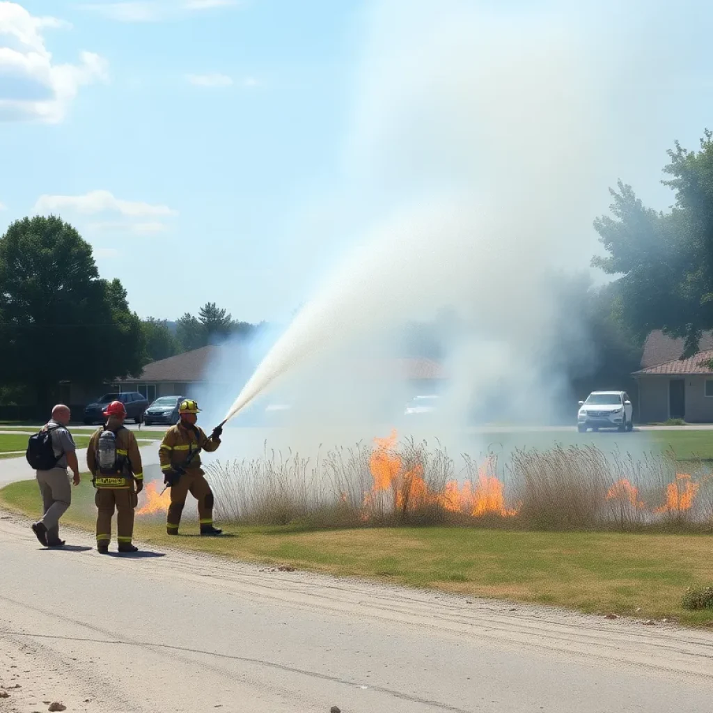 Firefighters extinguishing a grass fire caused by a downed power line in Copperas Cove.