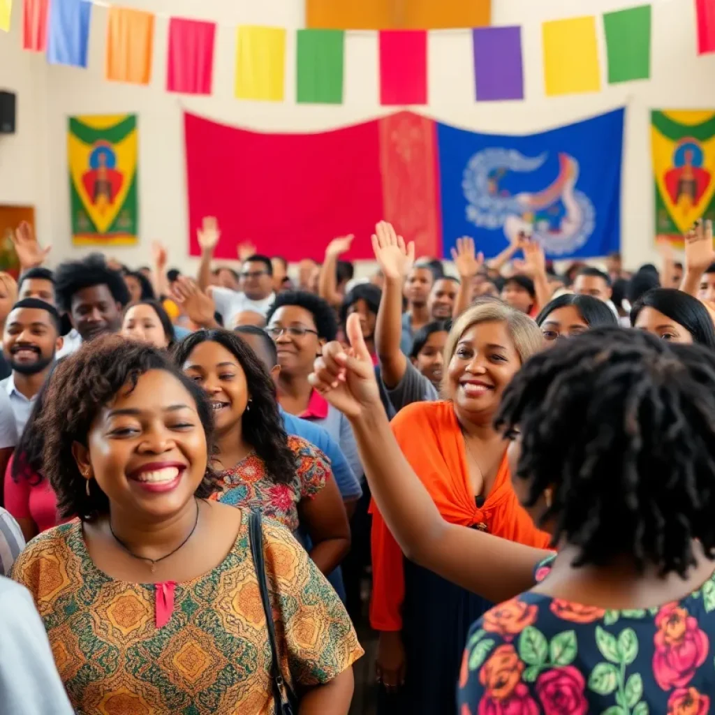 Church congregation celebrating with cultural decorations