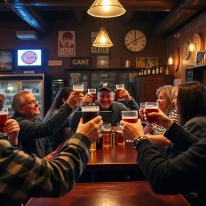 Patrons at Black Star Co-op Pub & Brewery raising glasses in a farewell gathering.