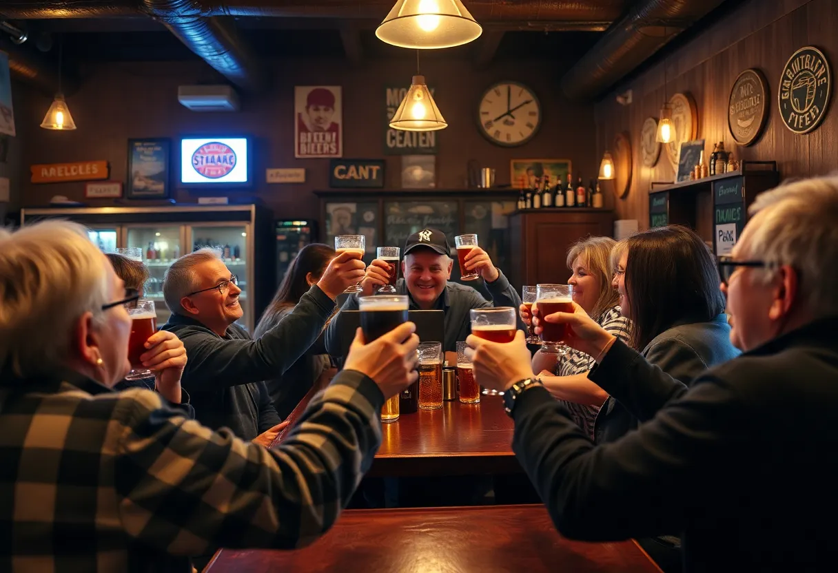 Patrons at Black Star Co-op Pub & Brewery raising glasses in a farewell gathering.