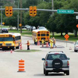 Construction crews repairing a gas line at a busy intersection in Leander, Texas.