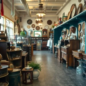 A variety of vintage collectibles displayed inside Georgetown Antique Mall.